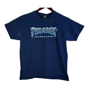 Thrasher Magazine BLACK ICE LOGO Skateboard T Shirt NAVY Size Large